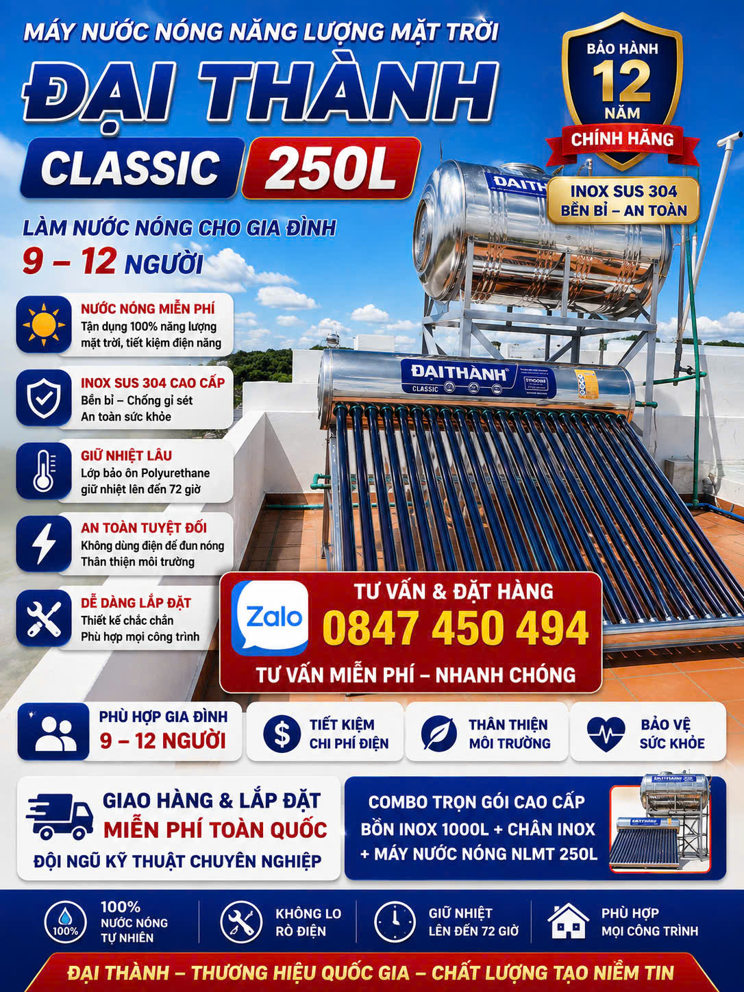 Máy nước nóng mặt trời đại thành Classic 250L - Máy nước nóng 250 lít đại thành Classic chính hãng Tân Á Đại Thành- Giao và lắp miễn phí Toàn Quốc